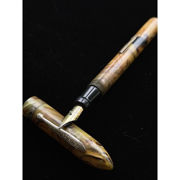 Vintage Travelers Fountain Pen Circa 1940's Beige & Brown Marbled DURUM 14 K - Picture 2 of 4